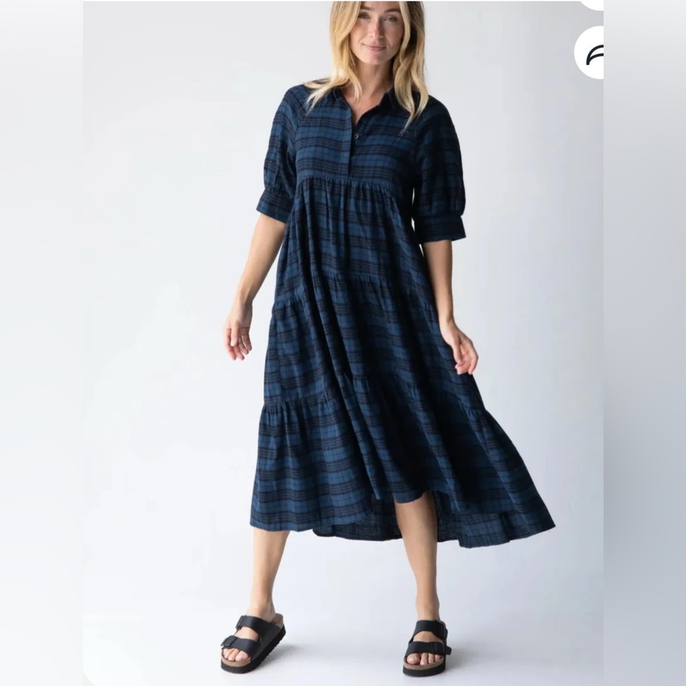 NATURAL LIFE Navy Plaid Long Sleeve Dress